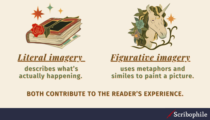 Literal imagery describes what’s actually happening. Figurative imagery uses metaphors and similes to paint a picture. Both contribute to the reader’s experience.