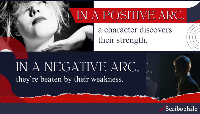 In a positive arc, a character discovers their strength. In a negative arc, they’re beaten by their weakness.